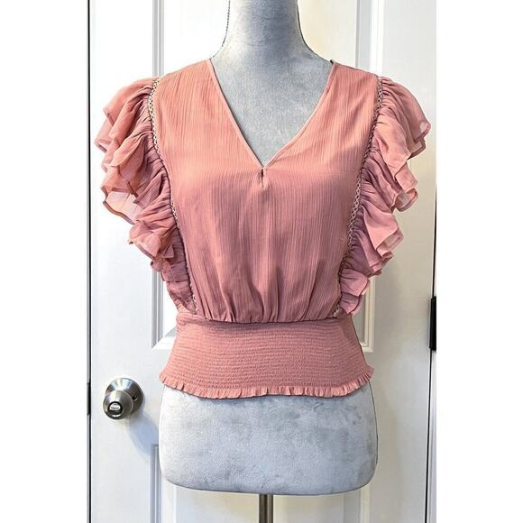 Buffalo Women’s Smock Cropped Blouse V Neck Ruffle Cap Sleeve Boho Chic Small - Picture 1 of 8